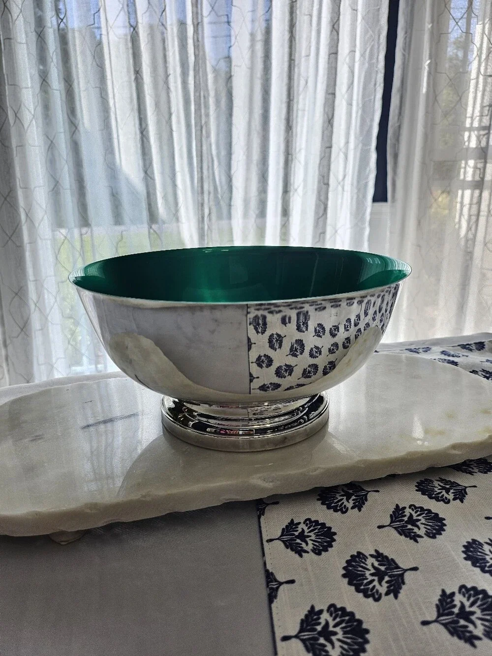 VTG Newport Gorham Silverplate Teal Green Enamel Lined Paul Revere Bowl 8.5